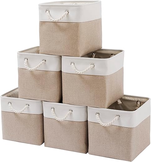 11 x 11 Inch Cube Storage Bins, 6 Pack Large Collapsible Fabric Storage Bin with Ropes, Foldable Storage Cubes for Home, Office,Closet, Clothes,...
