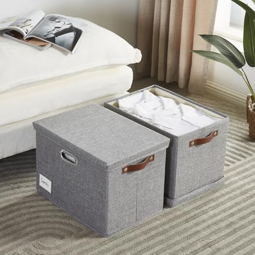 17" Large Collapsible Storage Bins with Lids, Stackable Closet Organizers with PU Handle and Labels, 3-Pack Decorative Fabric Storage Boxes for... 17" Large Collapsible Storage Bins with Lids, Stackable Closet Organizers with PU Handle and Labels, 3-Pack Decorative Fabric Storage Boxes for...