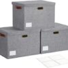 17" Large Collapsible Storage Bins with Lids, Stackable Closet Organizers with PU Handle and Labels, 3-Pack Decorative Fabric Storage Boxes for...