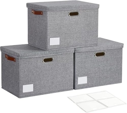 17" Large Collapsible Storage Bins with Lids, Stackable Closet Organizers with PU Handle and Labels, 3-Pack Decorative Fabric Storage Boxes for...