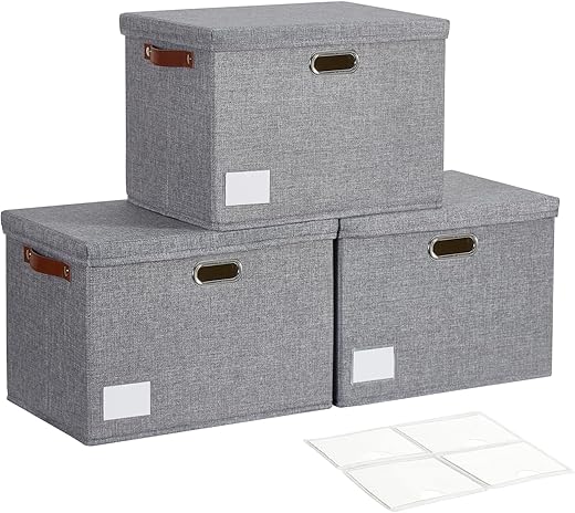 17" Large Collapsible Storage Bins with Lids, Stackable Closet Organizers with PU Handle and Labels, 3-Pack Decorative Fabric Storage Boxes for... 17" Large Collapsible Storage Bins with Lids, Stackable Closet Organizers with PU Handle and Labels, 3-Pack Decorative Fabric Storage Boxes for...