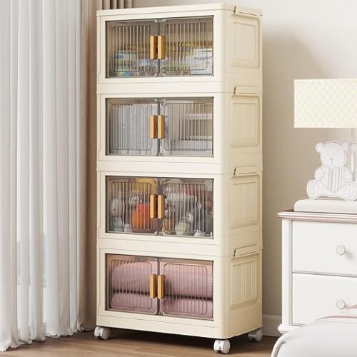 28 Qt Plastic Storage Bins with Lid, Collapsible Closet Organizer and Storage Drawers, Stackable Storage Containers with Wheels, Clothes Storage...