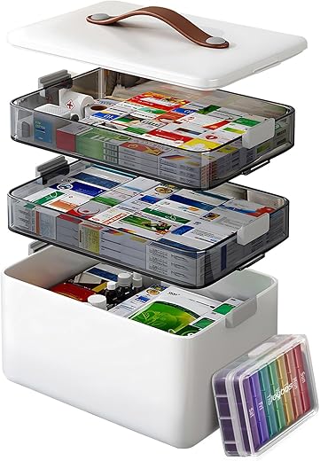 3-Tier Medicine Cabinet Organizer with Leather Handle, Empty Plastic First Aid Kit, Multipurpose Storage Box with A Portable Weekly Pill Organizer...