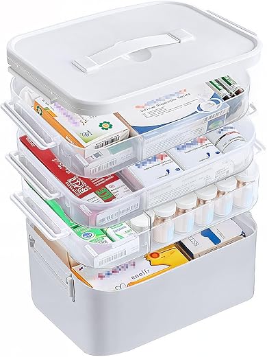 4-Tier Portable Medicine Cabinet Organizer, Large Medicine Storage Box with Handle, Plastic First Aid Box Empty, Multipurpose Medical Supply...