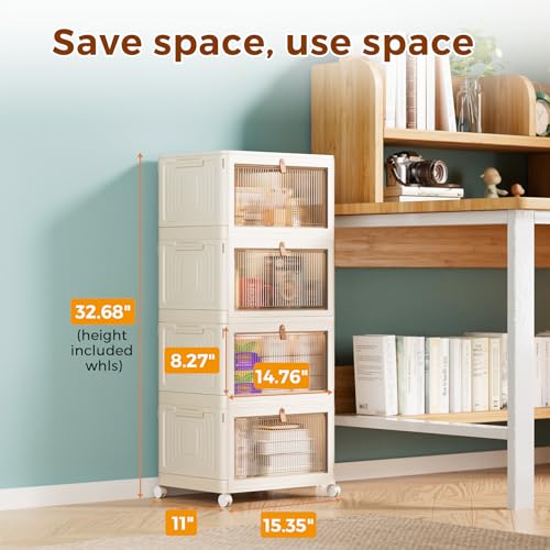 4 Tier Stackable Plastic Storage Bins with Lid and Wheels - 23 QT Closet Organizers and Storage, Foldable Storage Containers, Organization and...