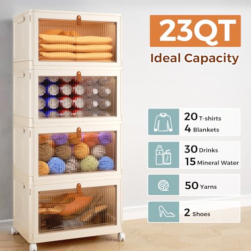 4 Tier Stackable Plastic Storage Bins with Lid and Wheels - 23 QT Closet Organizers and Storage, Foldable Storage Containers, Organization and...