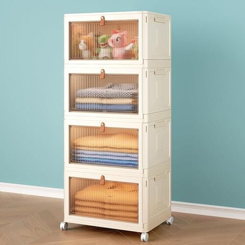 4 Tier Stackable Plastic Storage Bins with Lid and Wheels - 23 QT Closet Organizers and Storage, Foldable Storage Containers, Organization and...