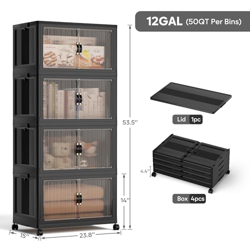 50QT Plastic Storage Bins with lids, Stackable Collapsible Storage Containers with Wheels, Closet Organizer and Storage Drawers, Clothes Storage...