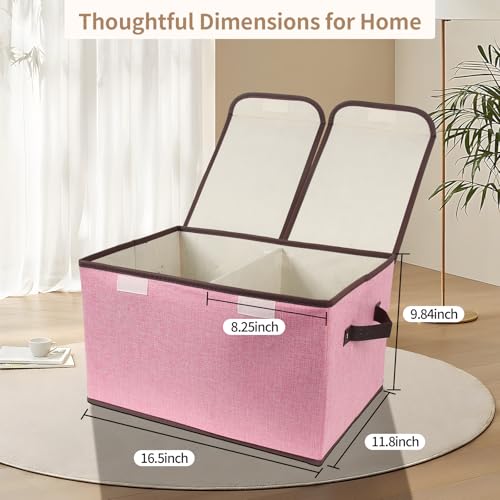 Foldable Fabric Storage Box with Double-Lid & Dividers, Large Organizer for Home, Closet, Office(Pink)