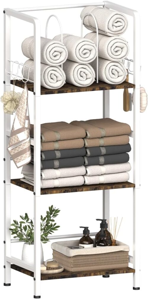 Free Standing Towel Racks for Bathroom with U-Shaped Detachable Dividers, 3-Tier Floor Towels Holder Stand with Shelf & 8 S-Hooks, Metal Pool Towel...