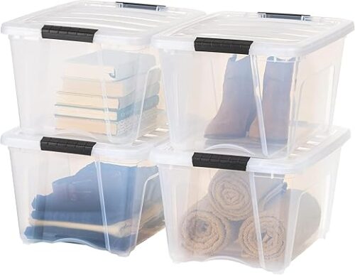 IRIS USA 32 Qt Stackable Plastic Storage Bins with Lids, 4 Pack - BPA-Free, Made in USA - See-Through Organizing Solution, Latches, Durable...