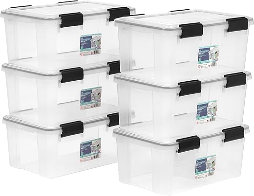 IRIS USA WeatherPro 19 Qt Storage Bins with Lids, 6 Pack, BPA-Free Plastic Gasket Box with Tight Latch and Seal, Stackable Nestable Tote Tub -... IRIS USA WeatherPro 19 Qt Storage Bins with Lids, 6 Pack, BPA-Free Plastic Gasket Box with Tight Latch and Seal, Stackable Nestable Tote Tub -...