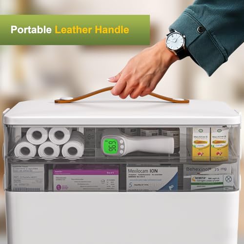 JOYBOS 3-Tier Medicine Storage Box Cabinet, Empty First Aid Kit Portable Medical Supply Organizer with Leather Handle for Home JOYBOS 3-Tier Medicine Storage Box Cabinet, Empty First Aid Kit Portable Medical Supply Organizer with Leather Handle for Home