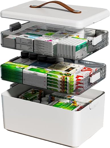 JWShang 3-Tier Medicine Storage Box with Leather Handle Portable Partitioned Medicine Cabinet with Moisture-Proof Empty First Aid Kit Organizer for...