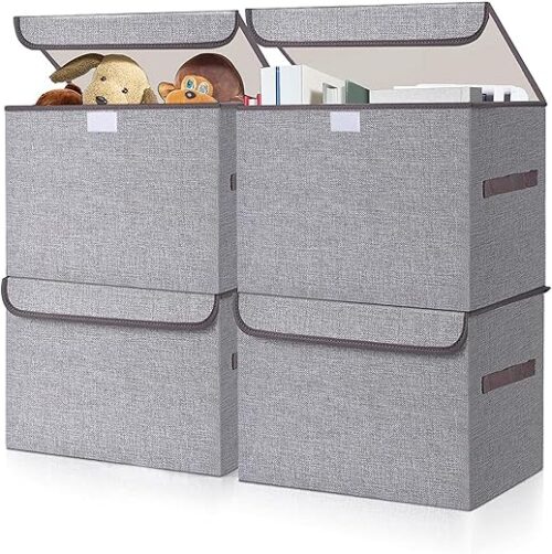Large 22 Quart Linen Fabric Foldable Storage Bin Cube Organizer Basket with Flip-Top Lid & Handles, Clothes Blanket Box for Home, Office, Closet,...
