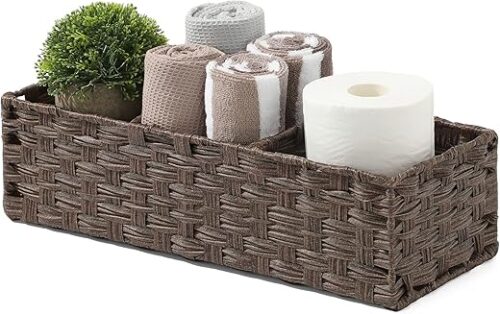 [Larger Compartments] Toilet Tank Topper Paper Basket - Multiuse Hand Woven Plastic Wicker Basket with Divider for Organizing, Rustic Farmhouse...