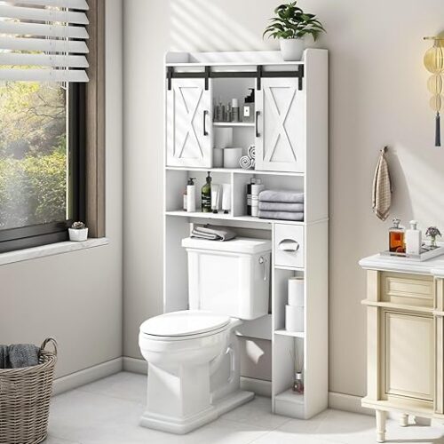 Over The Toilet Storage Cabinet, Farmhouse Storage Cabinet Over Toilet with Sliding Doors，Home Space-Saving Toilet Rack, for Bathroom, Restroom,...