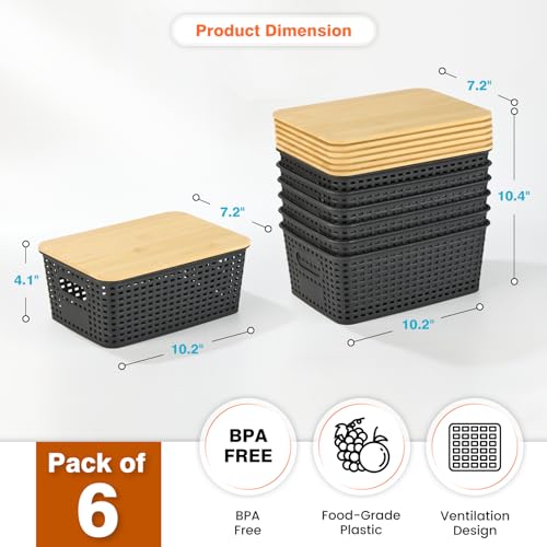 Plastic Storage Baskets With Bamboo Lid - Plastic Storage Containers Stackable Storage bins: Storage Baskets for Organizing Shelves Drawers Desktop...