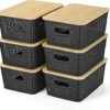 Plastic Storage Baskets With Bamboo Lid - Plastic Storage Containers Stackable Storage bins: Storage Baskets for Organizing Shelves Drawers Desktop...