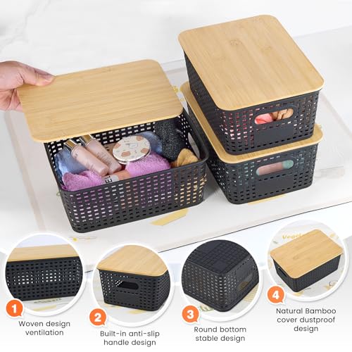 Plastic Storage Baskets With Bamboo Lid - Plastic Storage Containers Stackable Storage bins: Storage Baskets for Organizing Shelves Drawers Desktop...