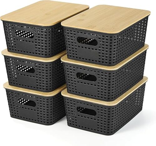 Plastic Storage Baskets With Bamboo Lid - Plastic Storage Containers Stackable Storage bins: Storage Baskets for Organizing Shelves Drawers Desktop...