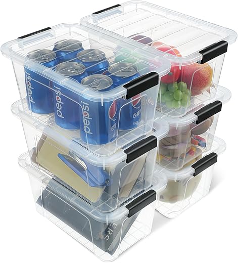 Plastic Storage Bins with Lids 6 Pack, 7 Quart Storage Containers With Black Buckle Latch, Stackable Storage Organizers for Home Pantry Office...
