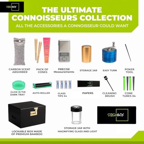 Premium Bamboo Lock Box with Sliding Accessory Tray – 21 Piece Storage Kit with Jars, Prep Tools & More – Privacy Storage Box for Home Organization...
