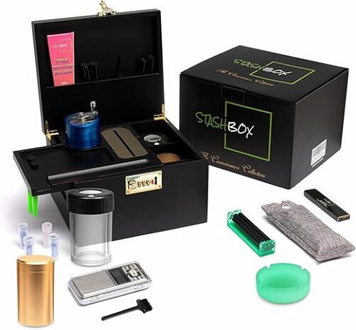Premium Bamboo Lock Box with Sliding Accessory Tray – 21 Piece Storage Kit with Jars, Prep Tools & More – Privacy Storage Box for Home Organization...