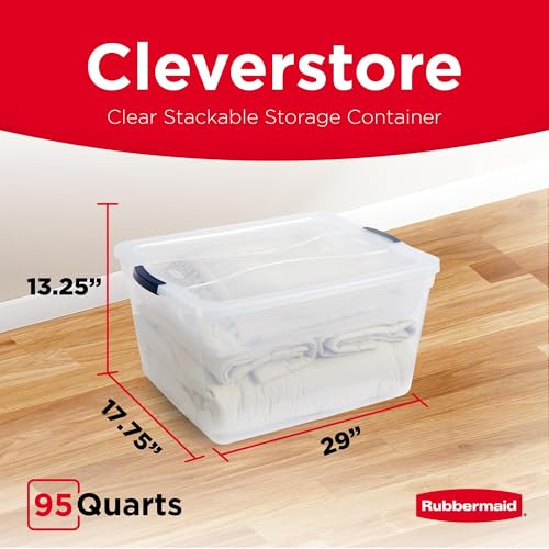 Rubbermaid Cleverstore 95 Qt Clear Storage Bins with Latching Lids, 4-Pack, Stackable, BPA-Free, Made in USA Rubbermaid Cleverstore 95 Qt Clear Storage Bins with Latching Lids, 4-Pack, Stackable, BPA-Free, Made in USA