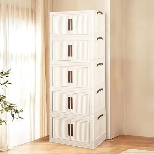 Stackable Storage Bins with Lid 55Gal/220QT Plastic Collapsible Storage Cabinet 5 Tiers Foldable clothes Organizers and Storage bins with Wheels...