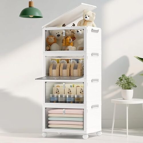 Storage Bins with Lids,4 Tier Stackable Storage Bins with Drawers,4 Pack Collapsible Plastic Storage Boxes with Wheel-1 Lid,23QT Foldable...