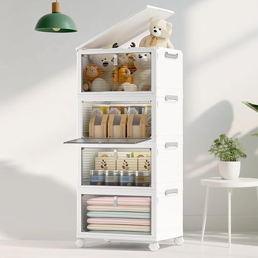 Storage Bins with Lids,4 Tier Stackable Storage Bins with Drawers,4 Pack Collapsible Plastic Storage Boxes with Wheel-1 Lid,23QT Foldable... Storage Bins with Lids,4 Tier Stackable Storage Bins with Drawers,4 Pack Collapsible Plastic Storage Boxes with Wheel-1 Lid,23QT Foldable...