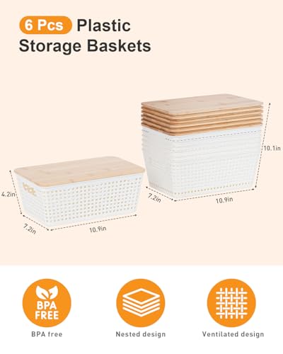 Storage Bins with Lids 6 Packs, Plastic Storage Bins with Bamboo Lids for Pantry Organization and Storage Containers for Shelves Drawers Desktop... Storage Bins with Lids 6 Packs, Plastic Storage Bins with Bamboo Lids for Pantry Organization and Storage Containers for Shelves Drawers Desktop...