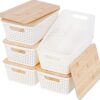 Storage Bins with Lids 6 Packs, Plastic Storage Bins with Bamboo Lids for Pantry Organization and Storage Containers for Shelves Drawers Desktop...
