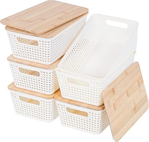 Storage Bins with Lids 6 Packs, Plastic Storage Bins with Bamboo Lids for Pantry Organization and Storage Containers for Shelves Drawers Desktop...