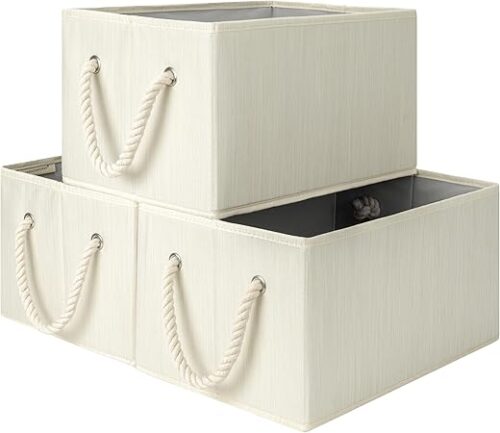 StorageWorks Large Storage Baskets for Organizing, Foldable Storage Baskets for Shelves, Fabric Storage Bins with Handles, Beige, White & Ivory,...