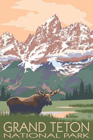 Grand Teton National Park - Moose and Mountains - Wall Art Print, 12x18