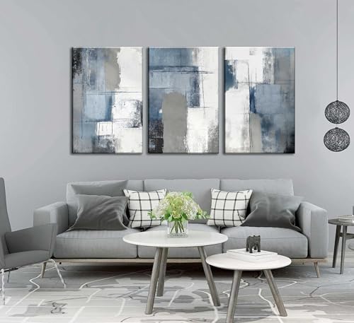 3 Pcs Navy Blue Abstract Canvas Wall Art Modern Minimalist Neutral Blue and Grey Paintings Pictures Wall Decor Poster Print Artwork for Living Room...