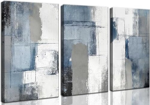 3 Pcs Navy Blue Abstract Canvas Wall Art Modern Minimalist Neutral Blue and Grey Paintings Pictures Wall Decor Poster Print Artwork for Living Room...