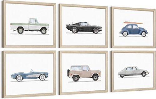 Blue Car Wall Art Decor Boys Room Wall Art Vintage Cars Canvas Poster Pictures Toddler Kids Room Prints Watercolor Vehicle Artwork Painting for...