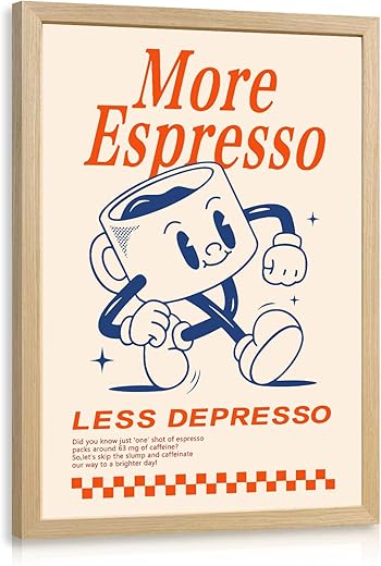 Cyebmo Funny Coffee Wall Art, Vintage Cafe Kitchen Wall Decor, More Espresso Less Depresso Art Prints, Beige Dorm Poster Print for Home Office...