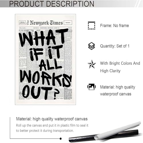 Drimiler Retro Black And White Newspaper Poster What If It All Works Out Canvas Wall Art Positive Affirming Quote Minimalist Prints Painting For...