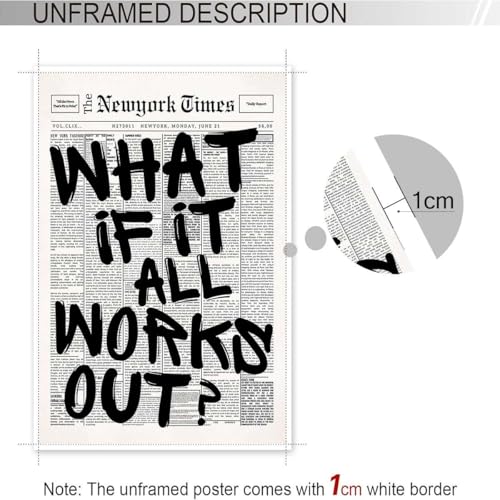 Drimiler Retro Black And White Newspaper Poster What If It All Works Out Canvas Wall Art Positive Affirming Quote Minimalist Prints Painting For...