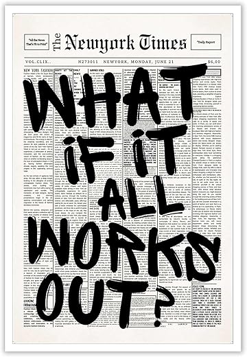 Drimiler Retro Black And White Newspaper Poster What If It All Works Out Canvas Wall Art Positive Affirming Quote Minimalist Prints Painting For...