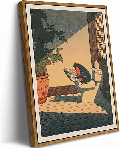 Framed Funny Frog Bathroom Wall Art, Cute Japanese Frog in Toilet Wall Decor, Whimsical Green Animal Restroom Poster Canvas Painting Prints Artwork...