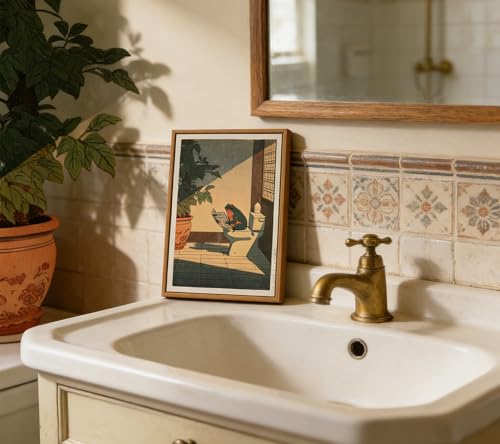 Framed Funny Frog Bathroom Wall Art, Cute Japanese Frog in Toilet Wall Decor, Whimsical Green Animal Restroom Poster Canvas Painting Prints Artwork...