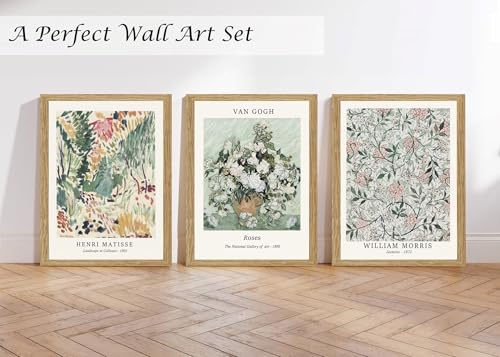 Induslyfe Framed Sage Green Vintage Wall Art Canvas Decor Set of 3, Matisse Wall Art Prints Posters Mid Century Modern Art, Van Gogh Floral...