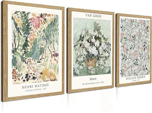 Induslyfe Framed Sage Green Vintage Wall Art Canvas Decor Set of 3, Matisse Wall Art Prints Posters Mid Century Modern Art, Van Gogh Floral...