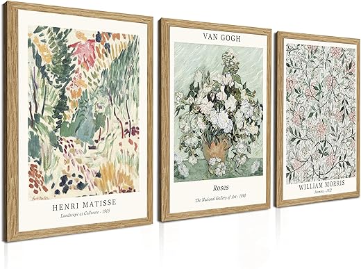 Induslyfe Framed Sage Green Vintage Wall Art Canvas Decor Set of 3, Matisse Wall Art Prints Posters Mid Century Modern Art, Van Gogh Floral...