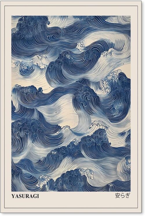 Japanese Blue Waves Wall Art Vintage Oriental Japandi Wabi Sabi Poster Abstract Giant Waves Canvas Prints for Minimalist Living Room Wall Decor...